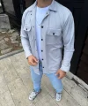 Erkek Diagonal Kumaş Cepli Çıtçıtlı Uzun Kollu, Gömlek Oversize Rahat Kalıp Günlük Şık Stil - Gri