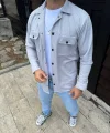 Erkek Diagonal Kumaş Cepli Çıtçıtlı uzun Kollu, Gömlek Oversize Rahat Kalıp Günlük Şık Stil - Gri