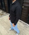 Erkek Diagonal Kumaş Cepli Çıtçıtlı Uzun Kollu, Gömlek Oversize Rahat Kalıp Günlük Şık Stil - Siyah