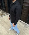 Erkek Diagonal Kumaş Cepli Çıtçıtlı uzun Kollu, Gömlek Oversize Rahat Kalıp Günlük Şık Stil - Siyah