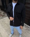 Erkek Diagonal Kumaş Cepli Çıtçıtlı Uzun Kollu, Gömlek Oversize Rahat Kalıp Günlük Şık Stil - Siyah
