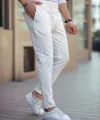 Erkek Diagonel Mikro Dokulu Cepli Beli Lastilki Pantolon - Beyaz