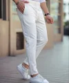 Erkek Diagonel Mikro dokulu Cepli Beli Lastilki Pantolon - Beyaz
