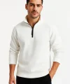 Erkek Dik Yaka Sweatshirt Dik Yaka Yarım Fermuarlı 3 İplik Şardonlu Pamuk Kumaş - Beyaz