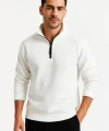 Erkek Dik Yaka Sweatshirt Dik Yaka Yarım Fermuarlı 3 İplik Şardonlu Pamuk Kumaş - Beyaz