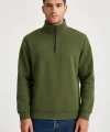 Erkek Dik Yaka Sweatshirt Dik Yaka Yarım Fermuarlı 3 İplik Şardonlu Pamuk Kumaş - Haki