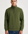 Erkek Dik Yaka Sweatshirt Dik Yaka Yarım Fermuarlı 3 İplik Şardonlu Pamuk Kumaş - Haki