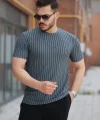 Erkek Dikey çizgili Ottoman Kumaş Kısa Kollu T-shirt