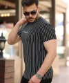 Erkek Dikey çizgili Ottoman Kumaş Kısa Kollu T-shirt