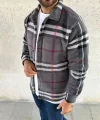 Erkek Ekose Desenli Düğmeli Polar Yakalı Uzun Kollu Gömlek Oversize Rahat Kalıp - Füme