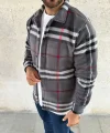 Erkek Ekose Desenli Düğmeli Polar Yakalı Uzun Kollu Gömlek Oversize Rahat Kalıp - Füme