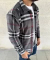 Erkek Ekose Desenli Düğmeli Polar Yakalı Uzun Kollu Gömlek Oversize Rahat Kalıp - Füme