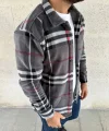 Erkek Ekose Desenli Düğmeli Polar Yakalı Uzun Kollu Gömlek Oversize Rahat Kalıp - Füme