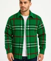 Erkek Ekose Desenli Düğmeli Polar Yakalı Uzun Kollu Gömlek Oversize Rahat Kalıp - Yeşil