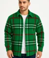 Erkek Ekose Desenli Düğmeli Polar Yakalı Uzun Kollu Gömlek Oversize Rahat Kalıp - Yeşil