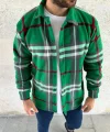 Erkek Ekose Desenli Düğmeli Polar Yakalı Uzun Kollu Gömlek Oversize Rahat Kalıp - Yeşil