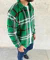 Erkek Ekose Desenli Düğmeli Polar Yakalı Uzun Kollu Gömlek Oversize Rahat Kalıp - Yeşil