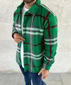 Erkek Ekose Desenli Düğmeli Polar Yakalı Uzun Kollu Gömlek Oversize Rahat Kalıp - Yeşil