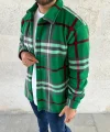 Erkek Ekose Desenli Düğmeli Polar Yakalı Uzun Kollu Gömlek Oversize Rahat Kalıp - Yeşil