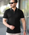 Erkek Fermuar Yakalı çizgi Dokulu Kısa Kollu Tişört
