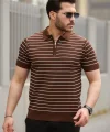 Erkek Fermuar Yakalı çizgili Kısa Kollu T-shirt
