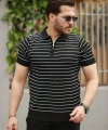 Erkek Fermuar Yakalı çizgili Kısa Kollu T-shirt