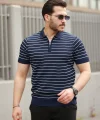 Erkek Fermuar Yakalı çizgili Kısa Kollu T-shirt