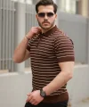 Erkek Fermuar Yakalı çizgili Kısa Kollu T-shirt