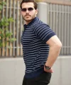 Erkek Fermuar Yakalı çizgili Kısa Kollu T-shirt