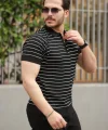 Erkek Fermuar Yakalı çizgili Kısa Kollu T-shirt