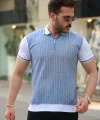 Erkek Fermuar Yakalı çizgili Kısa Kollu Tişört