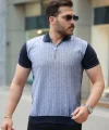 Erkek Fermuar Yakalı çizgili Kısa Kollu Tişört