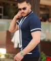 Erkek Fermuar Yakalı şerit Detaylı Kısa Kollu Tişört