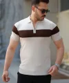 Erkek Fermuar Yakalı şerit Renk Desenli Kısa Kollu Tişört
