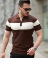 Erkek Fermuar Yakalı şerit Renk Desenli Kısa Kollu Tişört