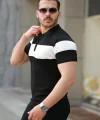 Erkek Fermuar Yakalı şerit Renk Desenli Kısa Kollu Tişört