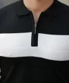 Erkek Fermuar Yakalı şerit Renk Desenli Kısa Kollu Tişört