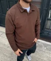 Erkek Fitilli Polar Sweatshirt – Düğmesiz Polo Yaka, Oversize Rahat Kalıp, Kalın Polar Kumaş, Kışlık Ve Baharlık Şık Günlük Üst - Kahverengi
