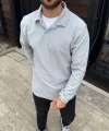 Erkek Fitilli Polar Sweatshirt – Düğmesiz Polo Yaka, Oversize Rahat Kalıp, Kalın Polar Kumaş, Kışlık ve Baharlık Şık Günlük Üst - Gri