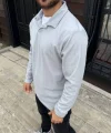 Erkek Fitilli Polar Sweatshirt – Düğmesiz Polo Yaka, Oversize Rahat Kalıp, Kalın Polar Kumaş, Kışlık Ve Baharlık Şık Günlük Üst - Gri