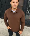 Erkek Fitilli Polar Sweatshirt – Düğmesiz Polo Yaka, Oversize Rahat Kalıp, Kalın Polar Kumaş, Kışlık ve Baharlık Şık Günlük Üst - Kahverengi
