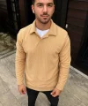 Erkek Fitilli Polar Sweatshirt – Düğmesiz Polo Yaka, Oversize Rahat Kalıp, Kalın Polar Kumaş, Kışlık ve Baharlık Şık Günlük Üst - Bej