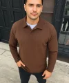 Erkek Fitilli Polar Sweatshirt – Düğmesiz Polo Yaka, Oversize Rahat Kalıp, Kalın Polar Kumaş, Kışlık Ve Baharlık Şık Günlük Üst - Kahverengi