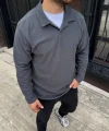 Erkek Fitilli Polar Sweatshirt – Düğmesiz Polo Yaka, Oversize Rahat Kalıp, Kalın Polar Kumaş, Kışlık Ve Baharlık Şık Günlük Üst - Füme
