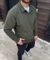 Erkek Fitilli Polar Sweatshirt – Düğmesiz Polo Yaka, Oversize Rahat Kalıp, Kalın Polar Kumaş, Kışlık Ve Baharlık Şık Günlük Üst - Haki