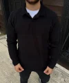 Erkek Fitilli Polar Sweatshirt – Düğmesiz Polo Yaka, Oversize Rahat Kalıp, Kalın Polar Kumaş, Kışlık ve Baharlık Şık Günlük Üst - Siyah