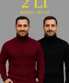 Erkek Fitilli Triko Kazak 2li Set Bordo Siyah Regular Balıkcı Yaka Tam Boğazlı Triko Seti Modeli Kazak