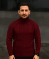 Erkek Fitilli Triko Kazak 2li Set Bordo Siyah Regular Balıkcı Yaka Tam Boğazlı Triko Seti Modeli Kazak
