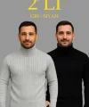 Erkek Fitilli Triko Kazak 2li Set Gri Siyah Regular Balıkcı Yaka Tam Boğazlı Triko Seti Modeli Kazak