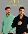 Erkek Fitilli Triko Kazak 2’li Set – Mint Yeşili & Siyah, Kalın Dokuma Pamuklu Regular Fit V Yaka Fermuarlı Uzun Kollu Rahat Kışlık Kazak Kombini